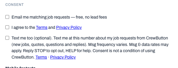 The CrewButton business sign-up form's Consent section: an unticked checkbox labelled Text me too (optional), followed by the full text-message disclosure, and an optional Mobile for texts field.